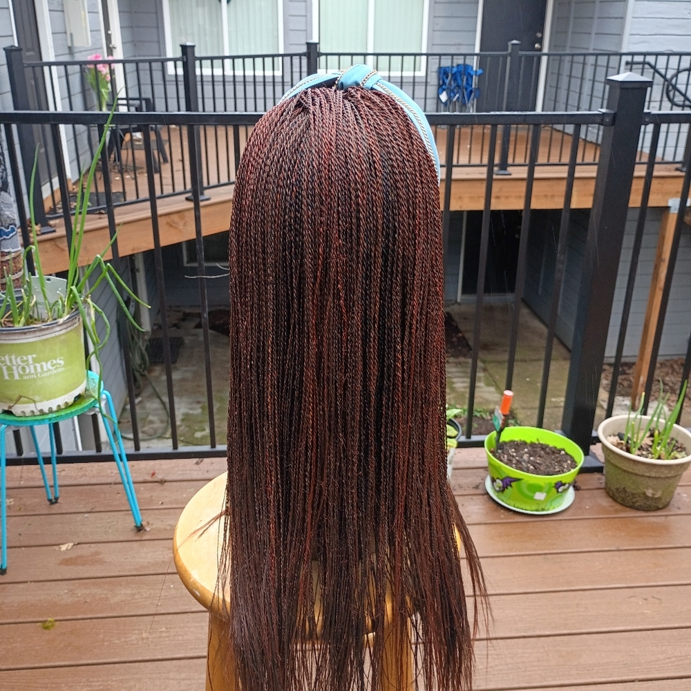 Hand-Twisted Micro Braided Wig in Chestnut Brown with Red Highlights